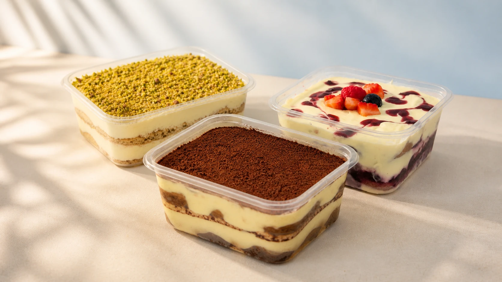 Classic, mixed berry and pistachio Miko tiramisu tubs