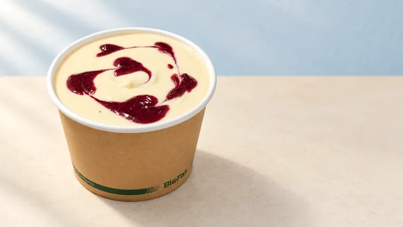 Mixed Berry tiramisu with berry compote in Miko’s kraft cup