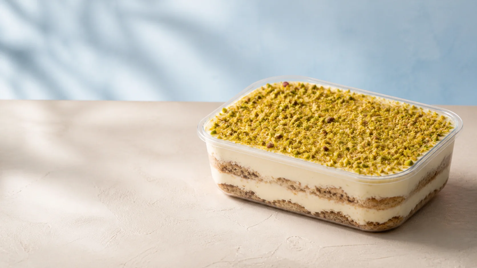 Handmade pistachio tiramisu with chopped pistachios and visible cream layers